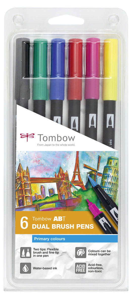 Tombow ABT Dual Brush Pen 2 Tips Primary Assorted Colours (Pack 6) - ABT-6P-1 - NWT FM SOLUTIONS - YOUR CATERING WHOLESALER
