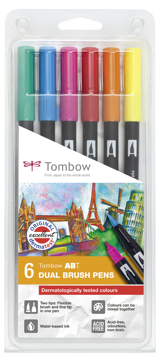 Tombow ABT Dual Brush Pen 2 Tips Dermatlogically Tested Assorted Colours (Pack 6) - ABT-6P-3 - NWT FM SOLUTIONS - YOUR CATERING WHOLESALER