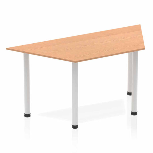 Dynamic Impulse 1600mm Trapezium Table Oak Top Silver Post Leg BF00182 - NWT FM SOLUTIONS - YOUR CATERING WHOLESALER