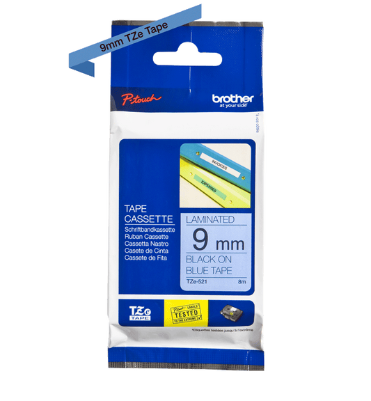Brother Black On Blue Label Tape 9mm x 8m - TZE521 - NWT FM SOLUTIONS - YOUR CATERING WHOLESALER