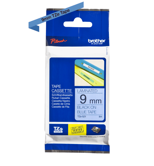 Brother Black On Blue Label Tape 9mm x 8m - TZE521 - NWT FM SOLUTIONS - YOUR CATERING WHOLESALER