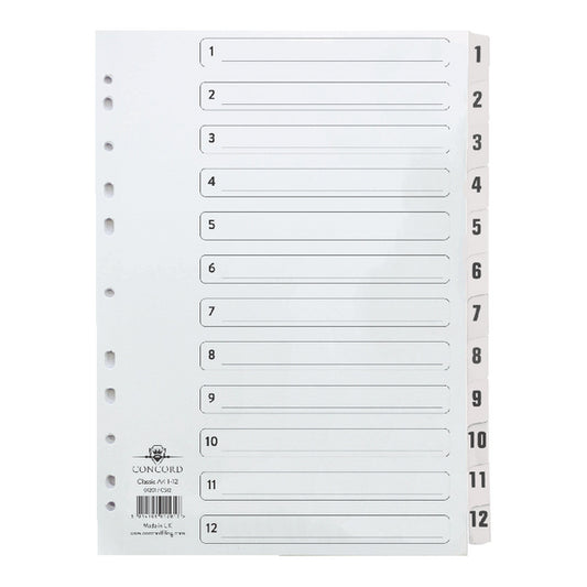 Concord Classic Index 1-12 A4 180gsm Board White with Clear Mylar Tabs 01201/CS12 - NWT FM SOLUTIONS - YOUR CATERING WHOLESALER