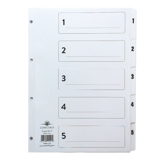 Concord Classic Index 1-5 A4 180gsm Board White with Clear Mylar Tabs 00501/CS5 - NWT FM SOLUTIONS - YOUR CATERING WHOLESALER