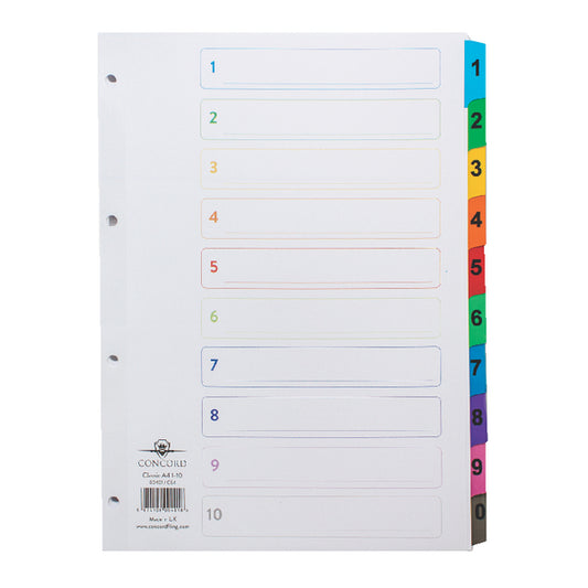 Concord Classic Index 1-10 A4 180gsm Board White with Coloured Mylar Tabs 00401/CS4 - NWT FM SOLUTIONS - YOUR CATERING WHOLESALER