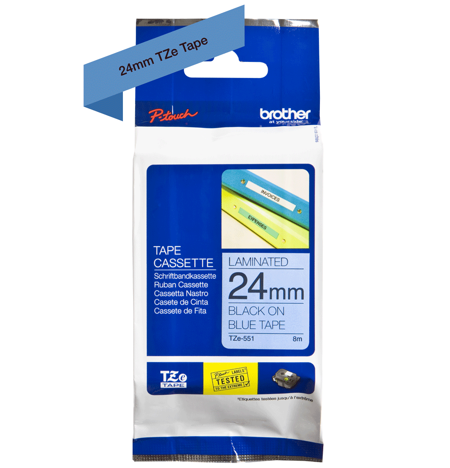 Brother Glossy Black On Blue Label Tape 24mm x 8m - TZE551 - NWT FM SOLUTIONS - YOUR CATERING WHOLESALER