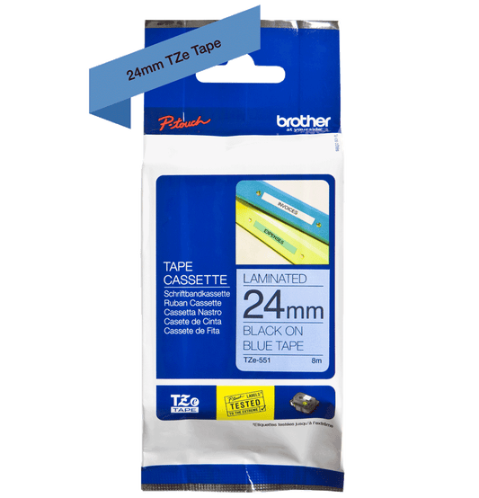 Brother Glossy Black On Blue Label Tape 24mm x 8m - TZE551 - NWT FM SOLUTIONS - YOUR CATERING WHOLESALER