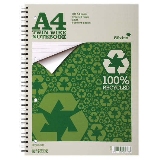 Silvine A4 Wirebound Card Cover Notebook Recycled 104 Pages Green (Pack 12) - TWRE80 - NWT FM SOLUTIONS - YOUR CATERING WHOLESALER