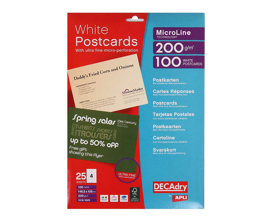 DECAdry Postcards 148.5x105mm 4 Per Sheet 200gsm Micro Perforated White (Pack 100) - OCB3325 - NWT FM SOLUTIONS - YOUR CATERING WHOLESALER