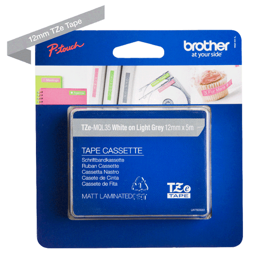 Brother White On Light Grey Label Tape 12mm x 5m - TZEMQL35 - NWT FM SOLUTIONS - YOUR CATERING WHOLESALER