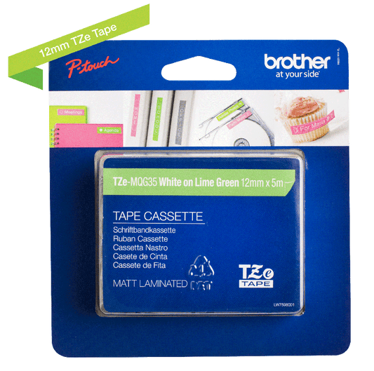 Brother White On Lime Green Label Tape 12mm x 5m - TZEMQG35 - NWT FM SOLUTIONS - YOUR CATERING WHOLESALER