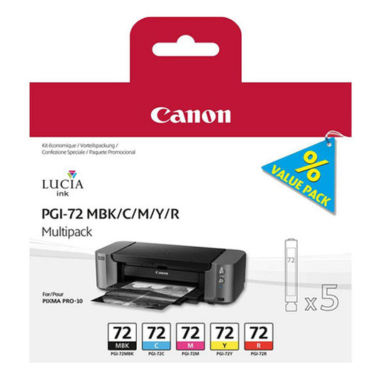 Canon PGI72 Matte Black Cyan Magenta Yellow Red Standard Capacity Ink Cartridge Multipack 5 x 14ml (Pack 5) - 6402B009 - NWT FM SOLUTIONS - YOUR CATERING WHOLESALER