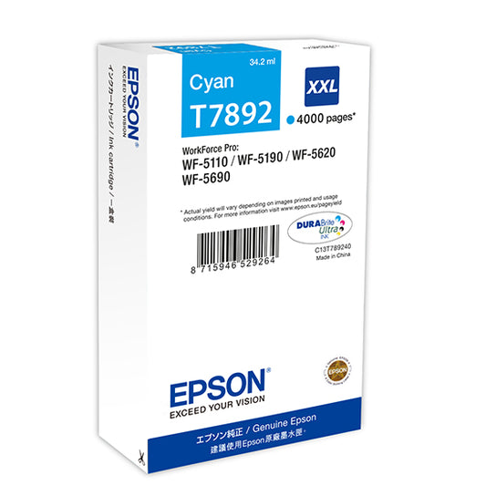 Epson T7892XXL Cyan High YieId Ink Cartridge 34ml - C13T789240 - NWT FM SOLUTIONS - YOUR CATERING WHOLESALER