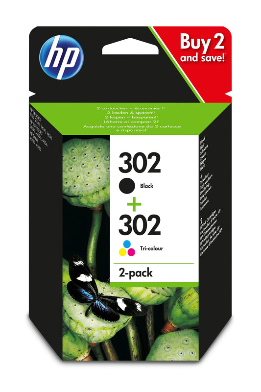 HP 302 Black Tri- Colour Standard Capacity Ink Cartridge Twinpack 170 pages + 150 pages (Pack 2) - X4D37AE - NWT FM SOLUTIONS - YOUR CATERING WHOLESALER