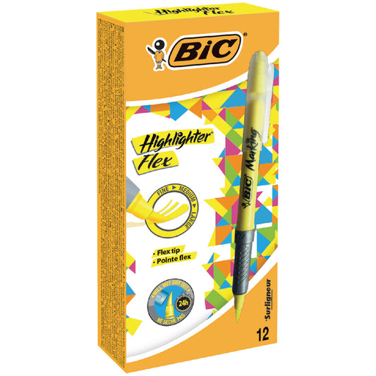 Bic Flex Highlighter Pen Chisel Tip 1.6-3.3mm Line Yellow (Pack 12) - 942040 - NWT FM SOLUTIONS - YOUR CATERING WHOLESALER