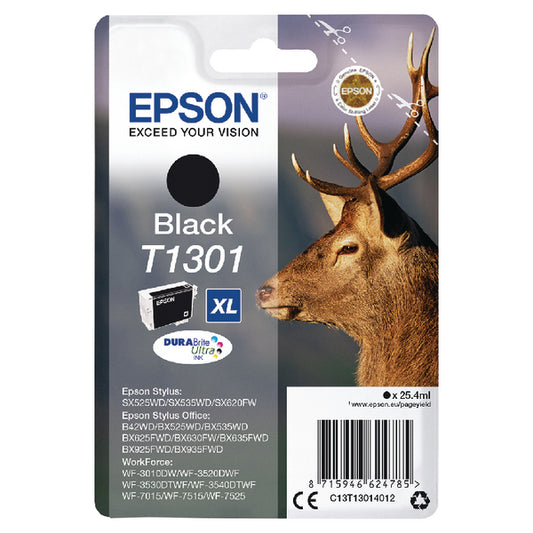 Epson T1301 Stag Black High Yield Ink Cartridge 25ml - C13T13014012 - NWT FM SOLUTIONS - YOUR CATERING WHOLESALER