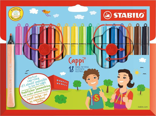 STABILO Cappi Felt Tip Pen with Cap Ring Assorted Colours (Wallet 18) - 168/18-4 - NWT FM SOLUTIONS - YOUR CATERING WHOLESALER