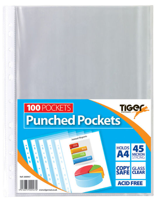 Tiger Multi Punched Pocket Polypropylene A4 45 Micron Top Opening Clear (Pack 100) - 300947 - NWT FM SOLUTIONS - YOUR CATERING WHOLESALER