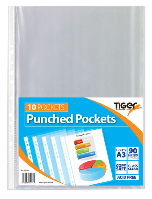 Tiger Multi Punched Pocket Polypropylene A3 45 Micron Top Opening Portrait Clear (Pack 10) - 301084 - NWT FM SOLUTIONS - YOUR CATERING WHOLESALER