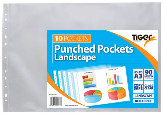 Tiger Multi Punched Pocket Polypropylene A3 45 Micron Top Opening Landscape Clear (Pack 10) - 301245 - NWT FM SOLUTIONS - YOUR CATERING WHOLESALER