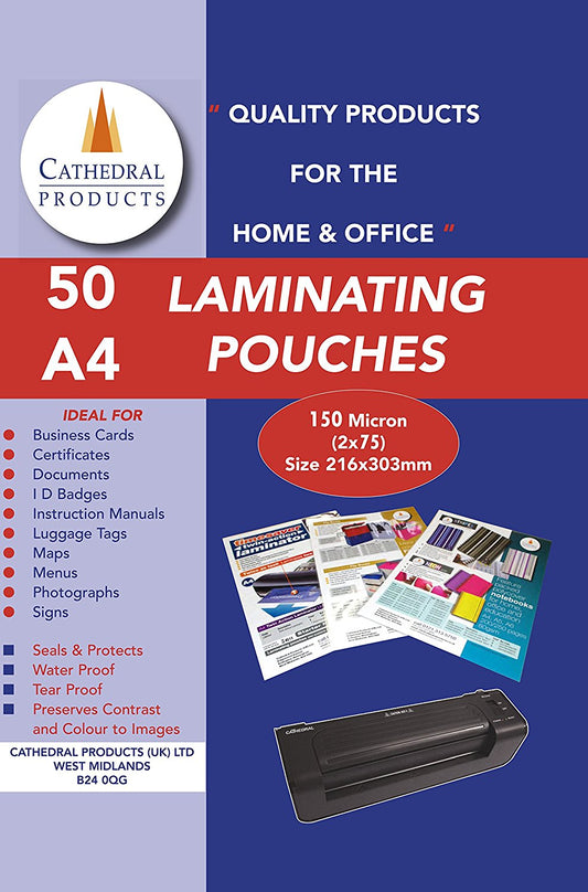 Cathedral Laminating Pouch A4 2x75 Micron Gloss (Pack 50) - LPA416050 - NWT FM SOLUTIONS - YOUR CATERING WHOLESALER