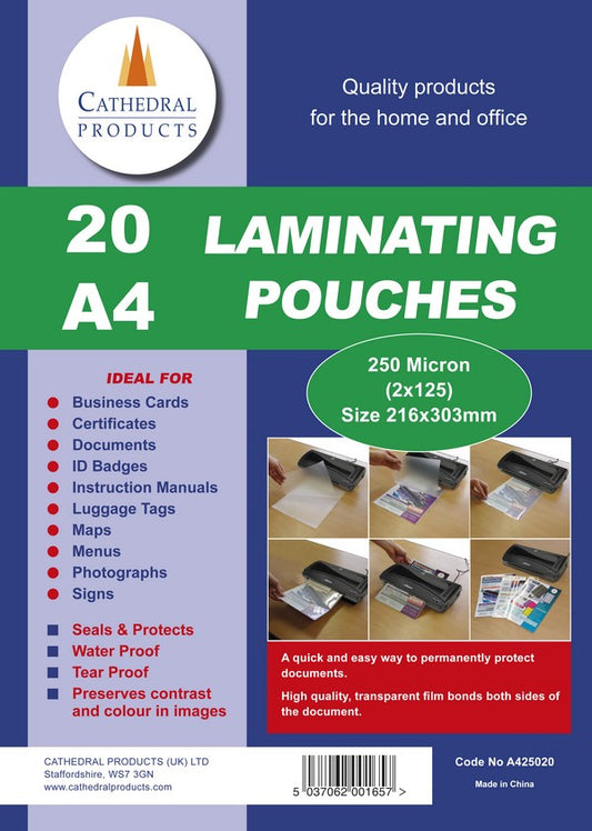 Cathedral Laminating Pouch A4 2x125 Micron Gloss (Pack 20) - LPA425020 - NWT FM SOLUTIONS - YOUR CATERING WHOLESALER
