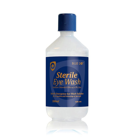 Blue Dot Sterile Eye Wash 500ml Bottle - 1047029 - NWT FM SOLUTIONS - YOUR CATERING WHOLESALER