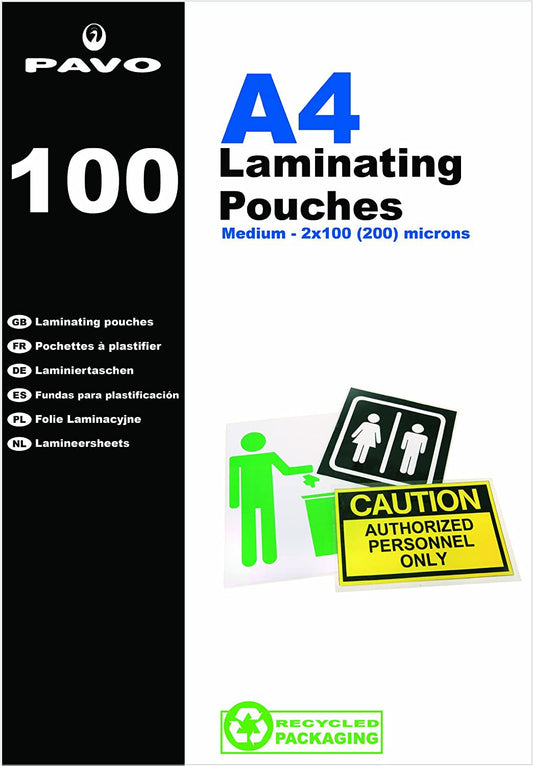 Pavo Laminating Pouch 2x100 Micron A4 Gloss (Pack 100) 8005376 - NWT FM SOLUTIONS - YOUR CATERING WHOLESALER
