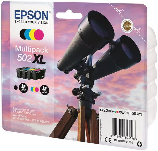Epson 502XL Binoculars Black Cyan Magenta Yellow High Yield Ink Cartridge Multipack 9.2ml + 3 x 6.4ml (Pack 4) - C13T02W64010 - NWT FM SOLUTIONS - YOUR CATERING WHOLESALER