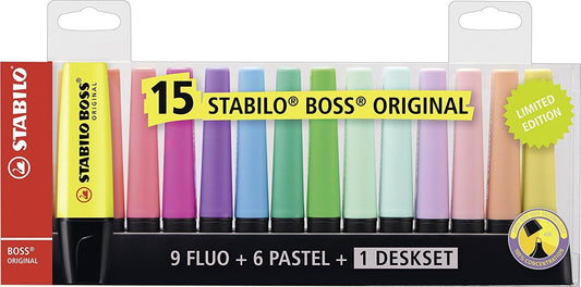 STABILO BOSS ORIGINAL Highlighter Deskset Chisel Tip Assorted Colours (Pack 15) 7015-01-5 - NWT FM SOLUTIONS - YOUR CATERING WHOLESALER