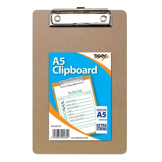 Tiger Masonite Hardboard Clipboard A5 Brown - 302135 - NWT FM SOLUTIONS - YOUR CATERING WHOLESALER