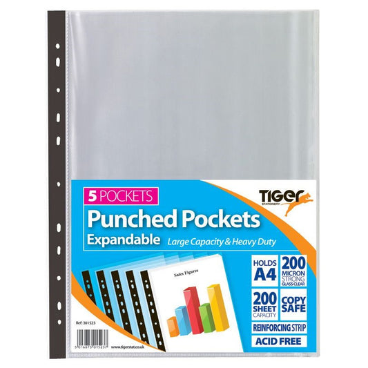 Tiger Multi Punched Expandable Pocket Polypropylene A4 150 Micron Top Opening Clear (Pack 5) - 301523 - NWT FM SOLUTIONS - YOUR CATERING WHOLESALER