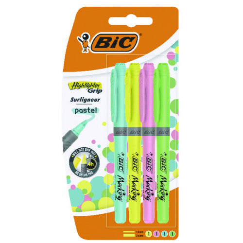 Bic Grip Highlighter Pen Chisel Tip 1.5-3.3mm Line Assorted Pastel Colours (Pack 4) - 964859 - NWT FM SOLUTIONS - YOUR CATERING WHOLESALER