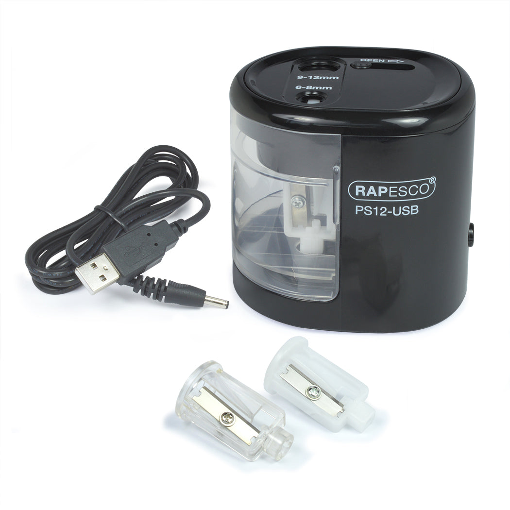 Rapesco PS12-USB Automatic Double Hole Pencil Sharpener USB/Battery Black - 1449