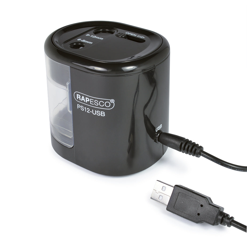 Rapesco PS12-USB Automatic Double Hole Pencil Sharpener USB/Battery Black - 1449