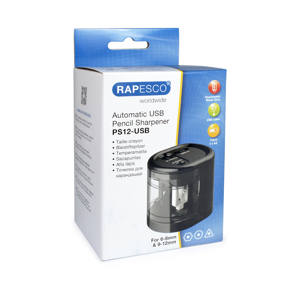 Rapesco PS12-USB Automatic Double Hole Pencil Sharpener USB/Battery Black - 1449