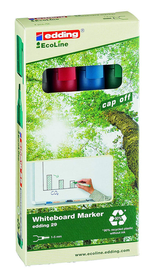 edding 29 EcoLine Whiteboard Marker Chisel Tip 1-5mm Line Assorted Colours (Pack 4) - 4-29-4 - NWT FM SOLUTIONS - YOUR CATERING WHOLESALER