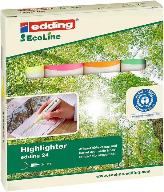 edding 24 EcoLine Highlighter Pen Chisel Tip 2-5mm Line Neon Assorted Colours (Pack 4) - 4-24-4 - NWT FM SOLUTIONS - YOUR CATERING WHOLESALER