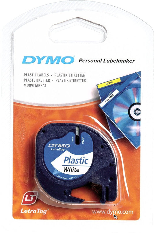 Dymo LetraTag Label Tape Plastic 12mmx4m Black on White - S0721660 - NWT FM SOLUTIONS - YOUR CATERING WHOLESALER