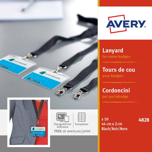Avery Lanyard for Name Badges 440x20mm Black (Pack 10) 4828 - NWT FM SOLUTIONS - YOUR CATERING WHOLESALER