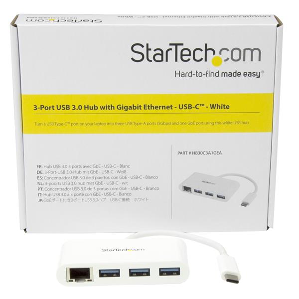 StarTech.com 3 Port USB3 Hub GbE USBC to 3xUSBA White