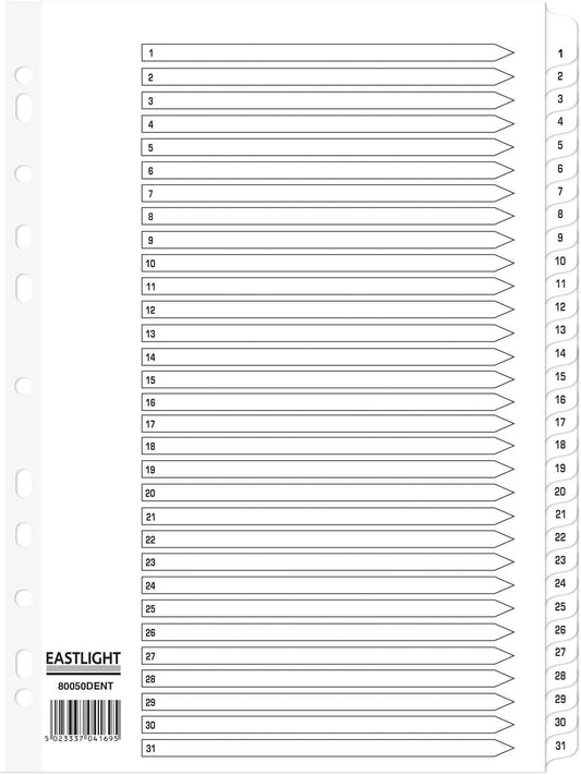 ValueX Index 1-31 A4 Card White 150gsm with White Mylar Tabs - 80050DENT - NWT FM SOLUTIONS - YOUR CATERING WHOLESALER