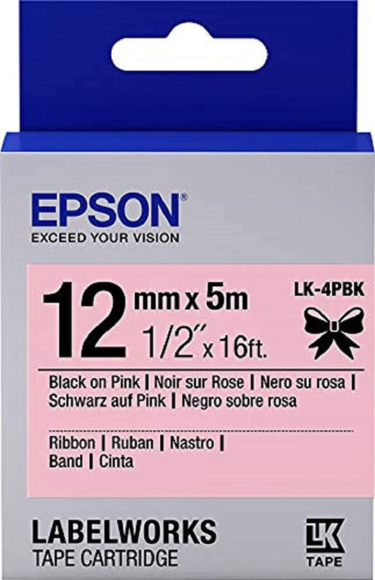 Epson LK-4PBK Black on Pink Satin Ribbon Label Cartridge 12mm x5m - C53S654031 - NWT FM SOLUTIONS - YOUR CATERING WHOLESALER