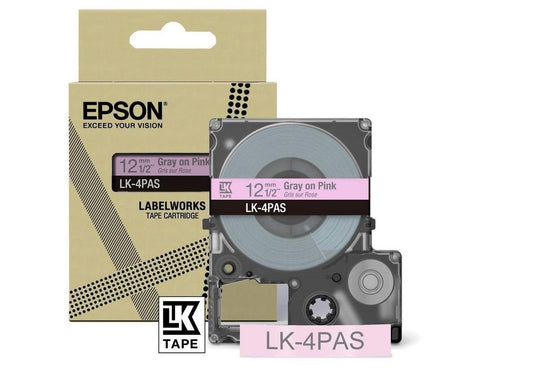 Epson LK-4PAS Gray on Soft Pink Tape Cartridge 12mm - C53S672103 - NWT FM SOLUTIONS - YOUR CATERING WHOLESALER