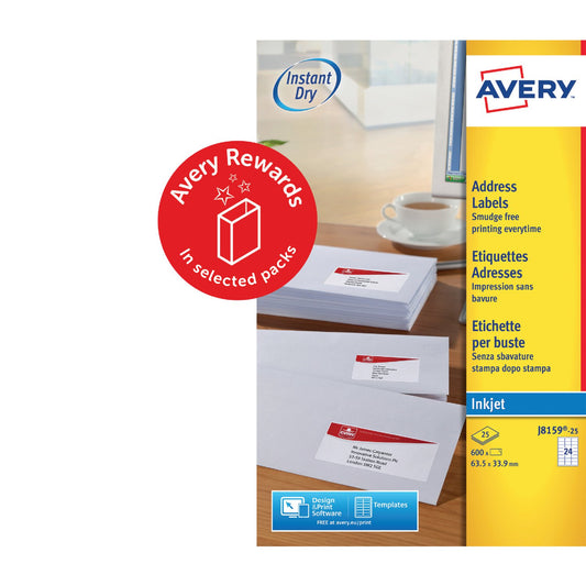 Avery Inkjet Address Label 63.5x34mm 24 Per A4 Sheet White (Pack 600 Labels) J8159-25 - NWT FM SOLUTIONS - YOUR CATERING WHOLESALER