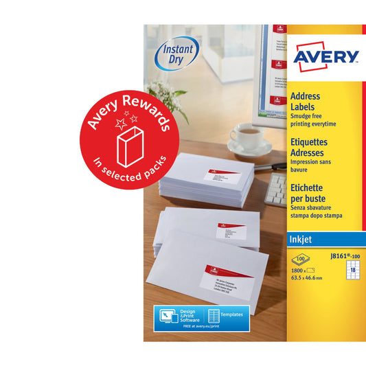 Avery Inkjet Address Label 63.5x46.6mm 18 Per A4 Sheet White (Pack 1800 Labels) J8161-100 - NWT FM SOLUTIONS - YOUR CATERING WHOLESALER