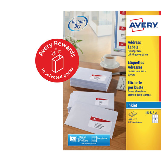 Avery Inkjet Address Label 63.5x46.6mm 18 Per A4 Sheet White (Pack 450 Labels) J8161-25 - NWT FM SOLUTIONS - YOUR CATERING WHOLESALER