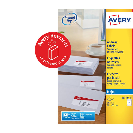 Avery Inkjet Address Label 99.1x38.1mm 14 Per A4 Sheet White (Pack 350 Labels) J8163-25 - NWT FM SOLUTIONS - YOUR CATERING WHOLESALER