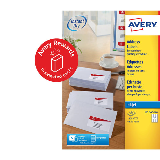 Avery Inkjet Address Label 63.5x72mm 12 Per A4 Sheet White (Pack 1200 Labels) J8164-100 - NWT FM SOLUTIONS - YOUR CATERING WHOLESALER