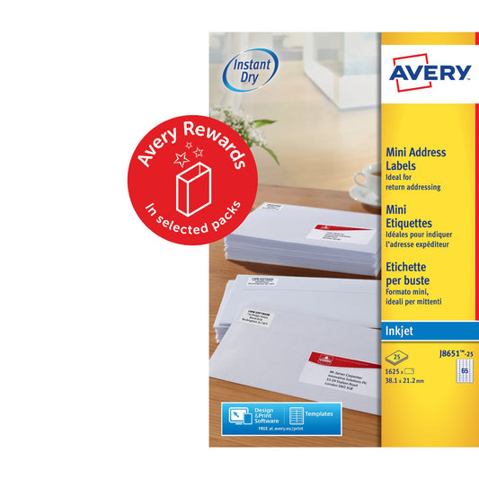 Avery Inkjet Mini Label 38.1x21.2mm 65 Per A4 Sheet White (Pack 1625 Labels) J8651-25 - NWT FM SOLUTIONS - YOUR CATERING WHOLESALER