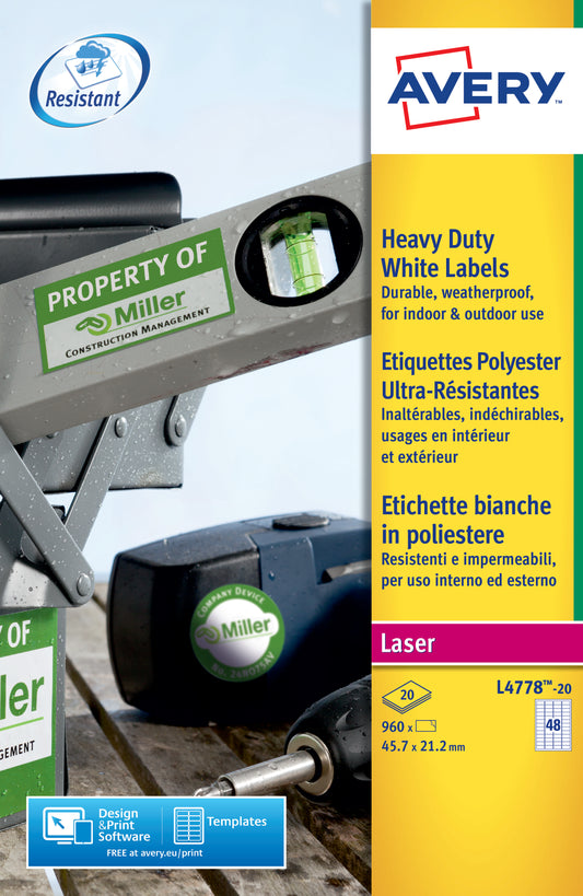 Avery Laser Heavy Duty Label 45.7x21.2mm 48 Per A4 Sheet White (Pack 960 Labels) L4778-20 - NWT FM SOLUTIONS - YOUR CATERING WHOLESALER